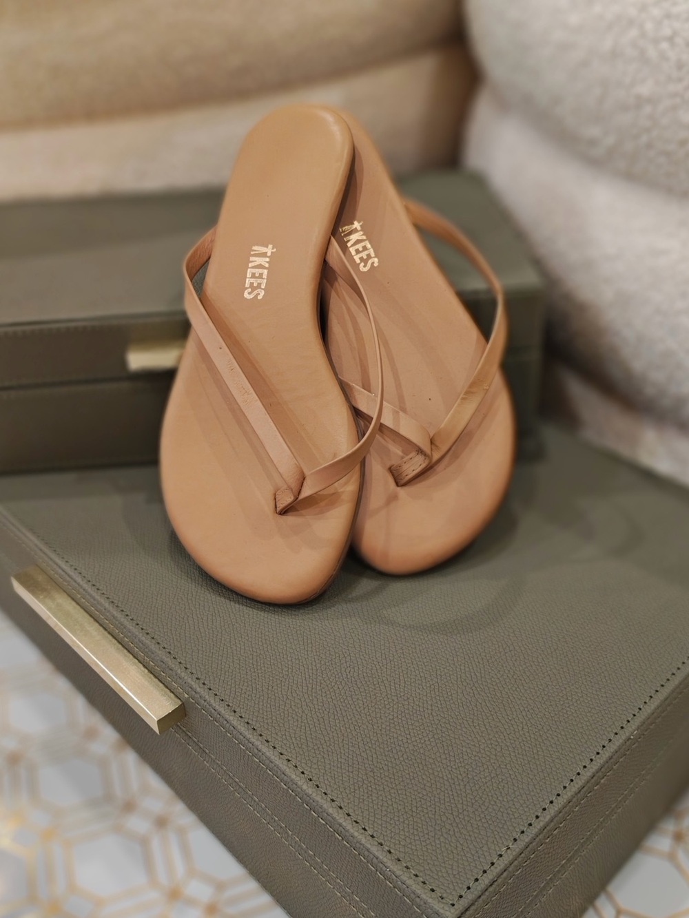 TKEES Kids Leather Tan Minimalist Flip Flop Sandals